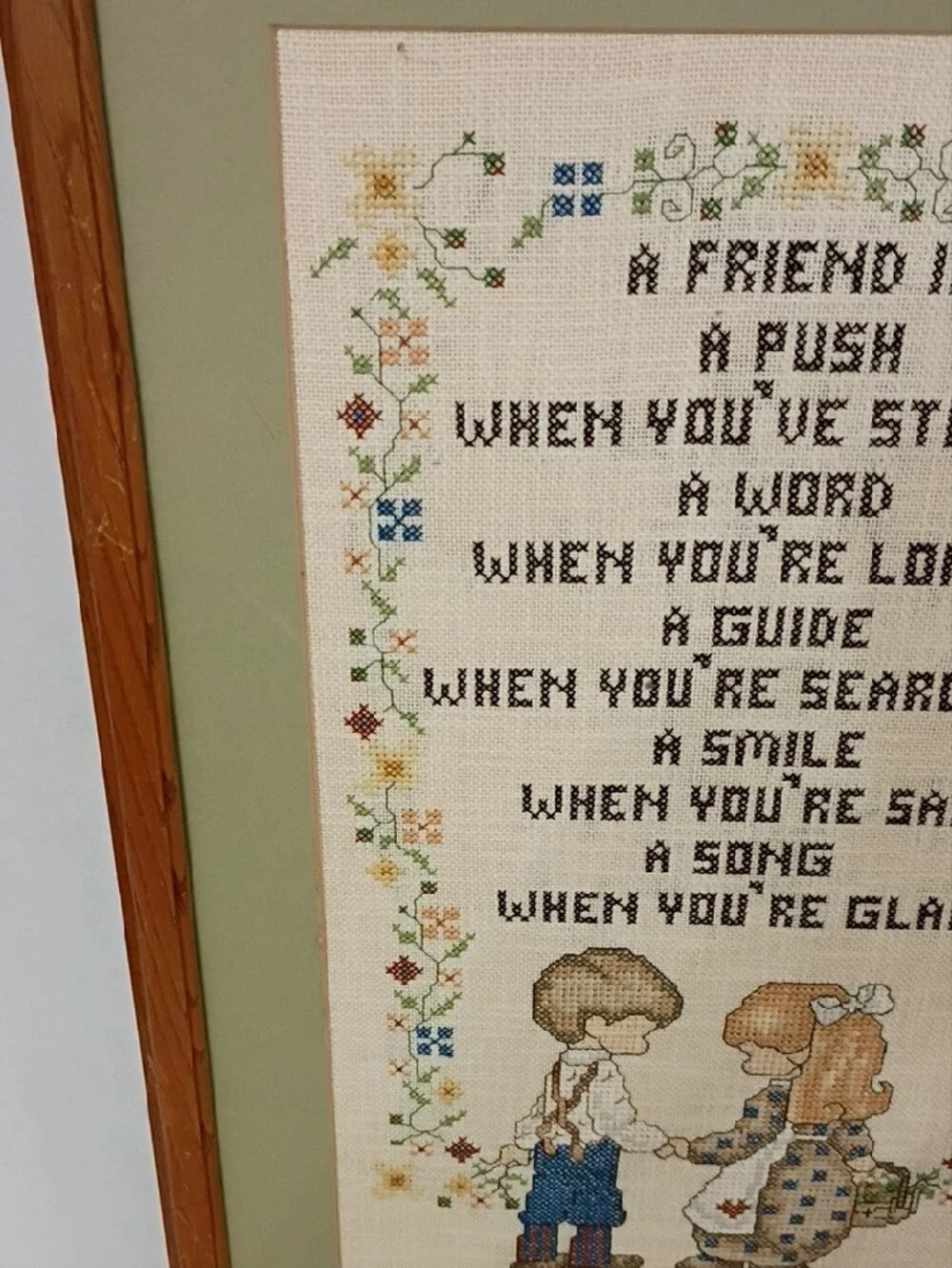 Vintage Green-Matted Framed Cross-Stitch Friendship Art